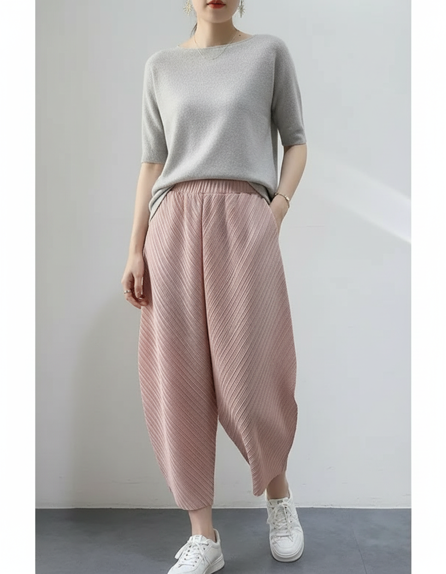 Pantalon Japonais Plissé Rose Ample Élastique Fluide - Polyester