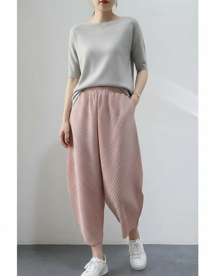 Pantalon Japonais Plissé Rose Ample Élastique Fluide - Polyester