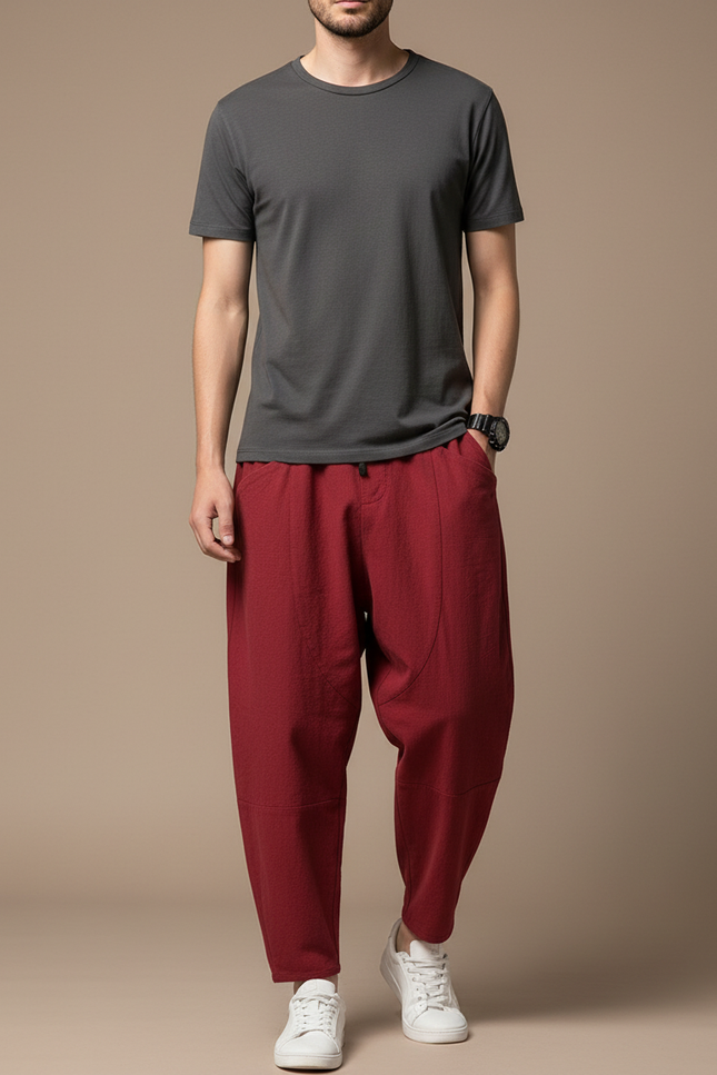 Pantalon Japonais Rouge Coton Ample Décontracté Homme