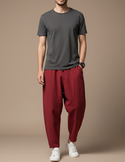 Pantalon Japonais Rouge Coton Ample Décontracté Homme