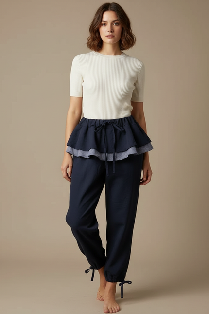 Pantalon Japonais Marine Ample Volants Cordon Chevilles - Lin