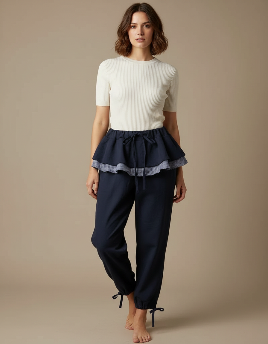 Pantalon Japonais Marine Ample Volants Cordon Chevilles - Lin
