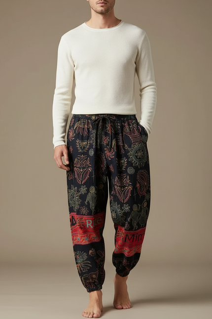 Pantalon Japonais Sarouel Ample Imprimé Ethnique Coton