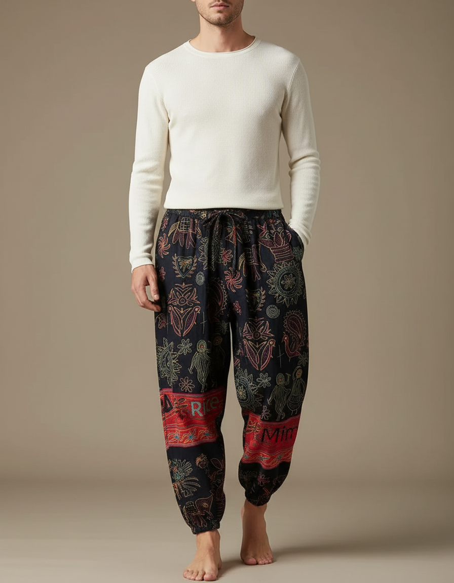 Pantalon Japonais Sarouel Ample Imprimé Ethnique Coton