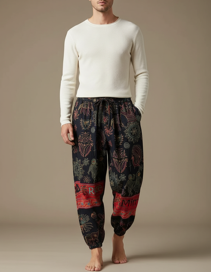 Pantalon Japonais Sarouel Ample Imprimé Ethnique Coton