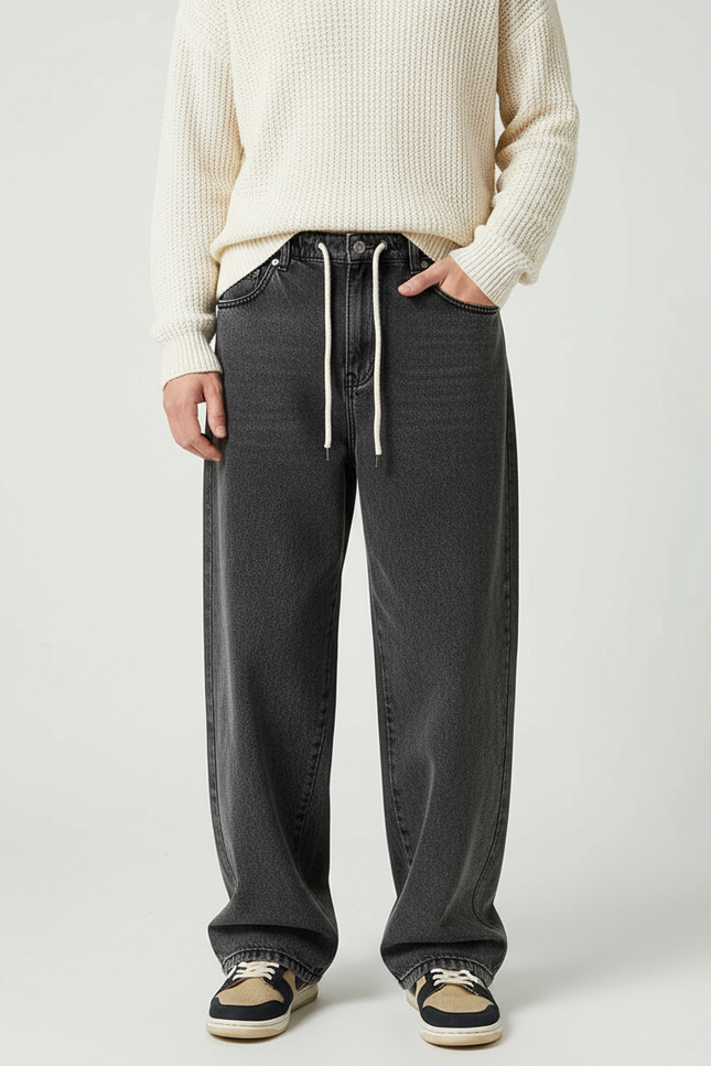 Pantalon Japonais Gris Anthracite Ample Cordon Décontracté - Jean