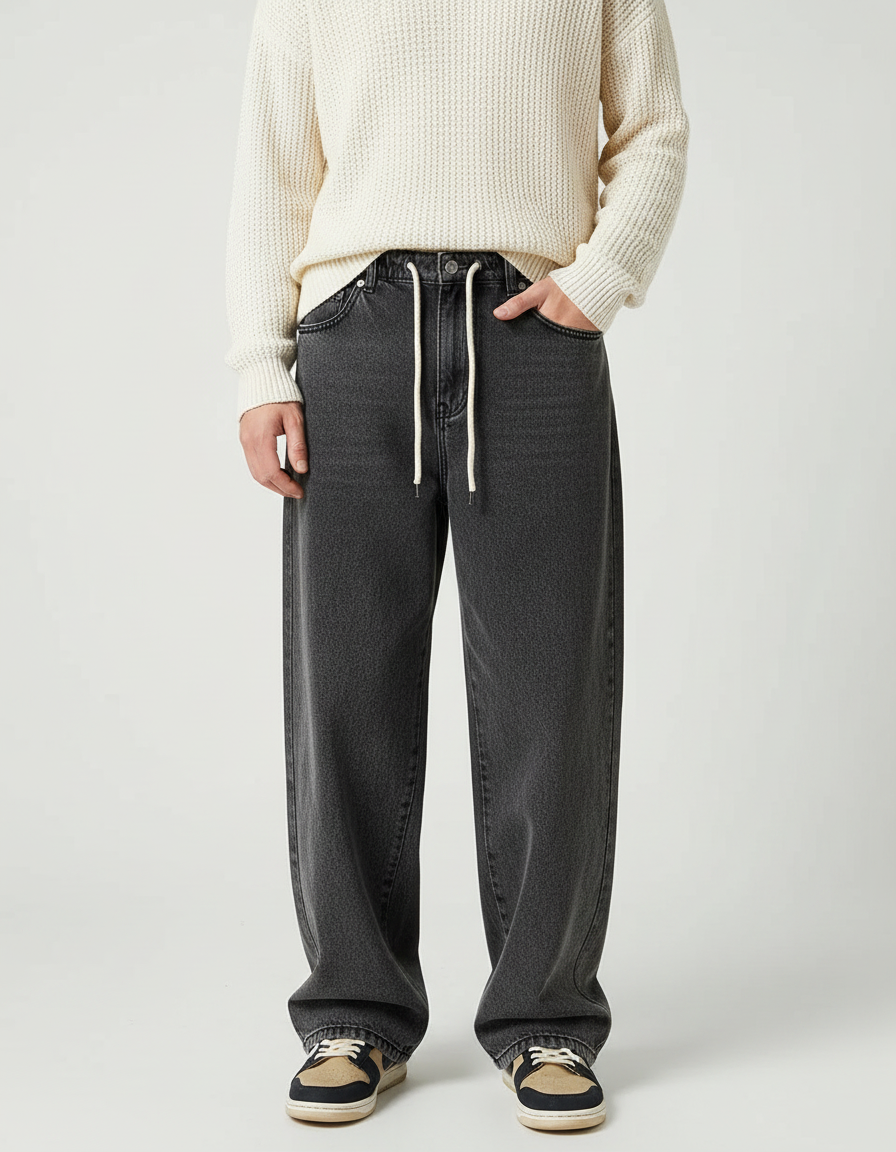 Pantalon Japonais Gris Anthracite Ample Cordon Décontracté - Jean