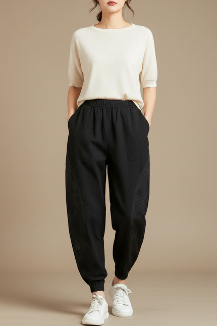 Pantalon Japonais Noir Ample Coton Dragon Brodé
