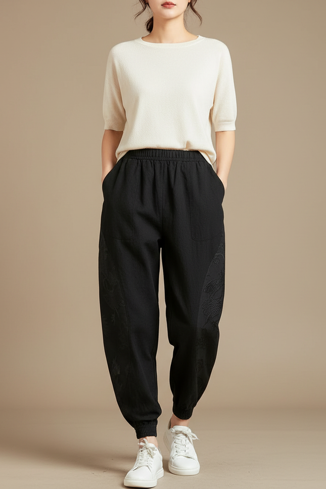 Pantalon Japonais Noir Ample Coton Dragon Brodé