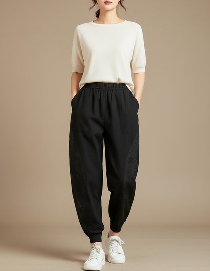 Pantalon Japonais Noir Ample Coton Dragon Brodé