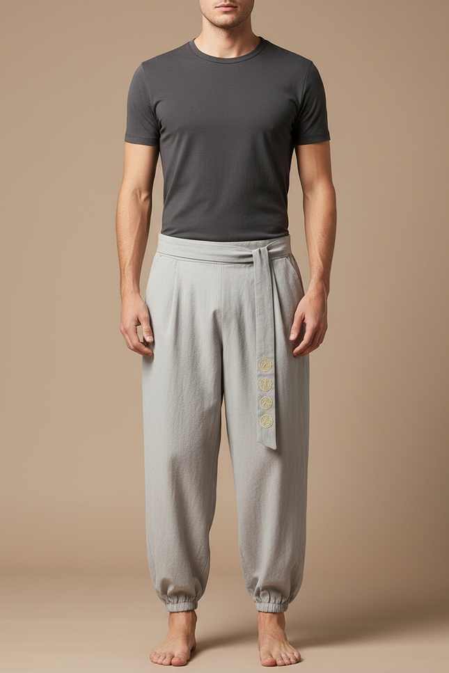 Pantalon Japonais Gris Coton Ample Brodé Ceinturé - Lin