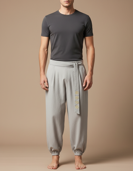 Pantalon Japonais Gris Coton Ample Brodé Ceinturé - Lin