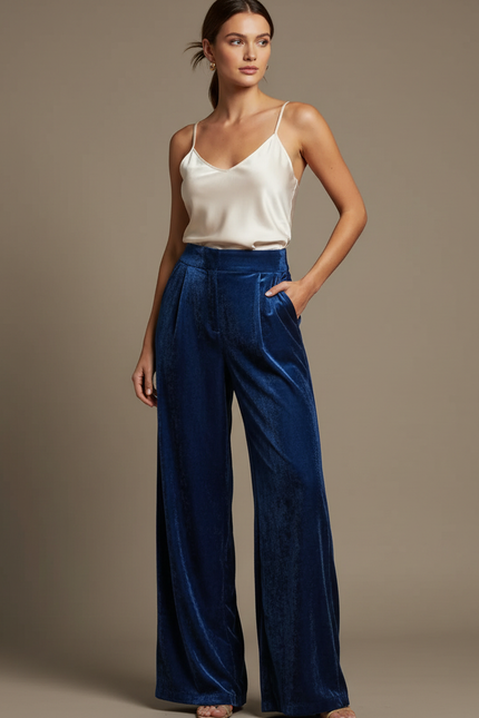 Pantalon Japonais Velours Bleu Ample Fluide Élégant