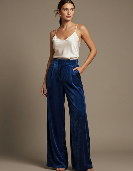 Pantalon Japonais Velours Bleu Ample Fluide Élégant