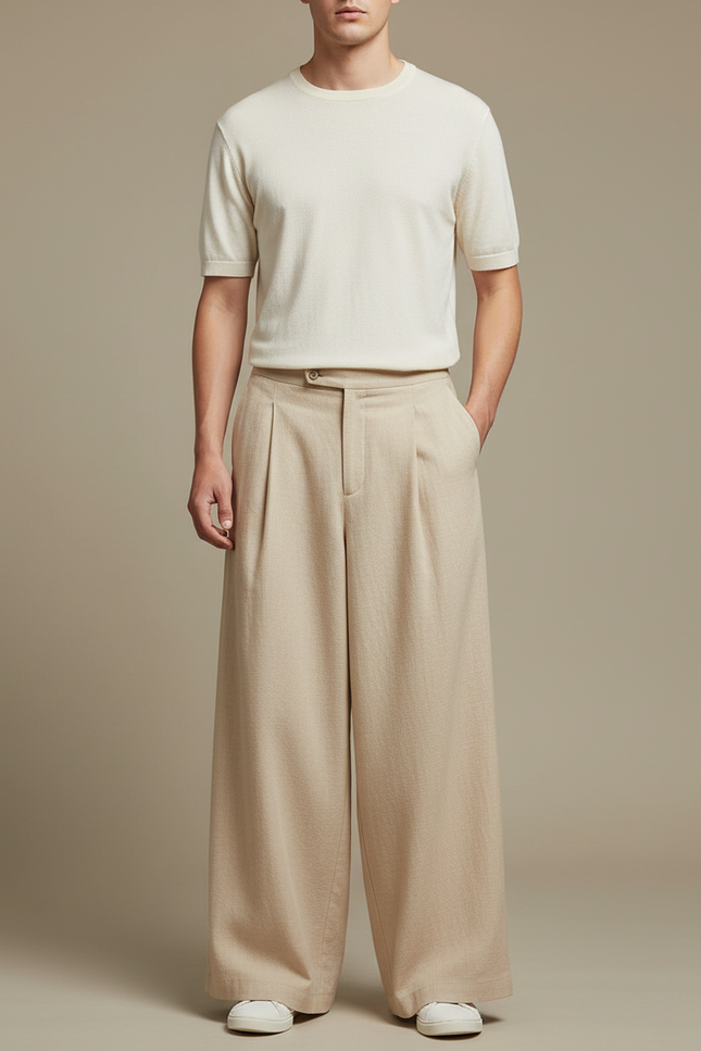 Pantalon Japonais Beige Ample Large Uni Homme - Lin