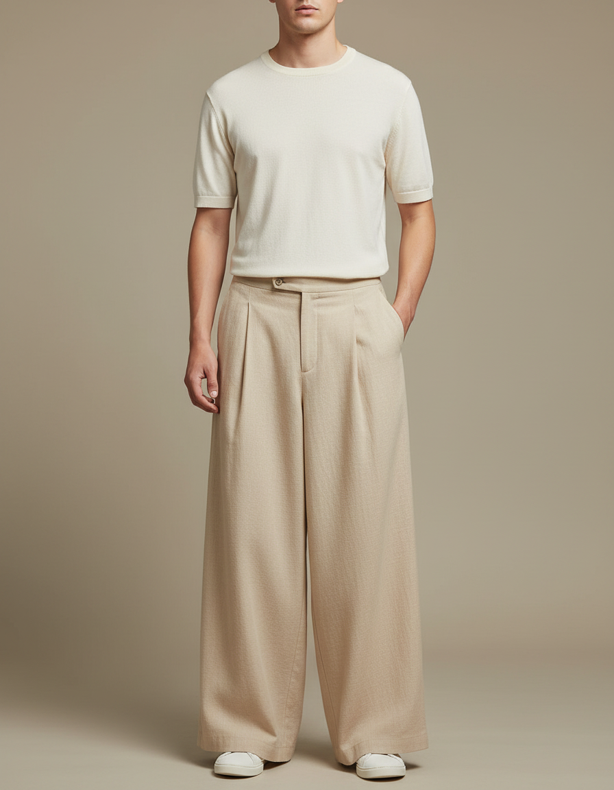 Pantalon Japonais Beige Ample Large Uni Homme - Lin