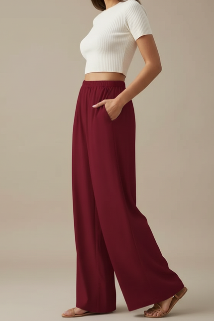 Pantalon Japonais Rouge Ample Fluide Décontracté Femme - Bordeaux Viscose