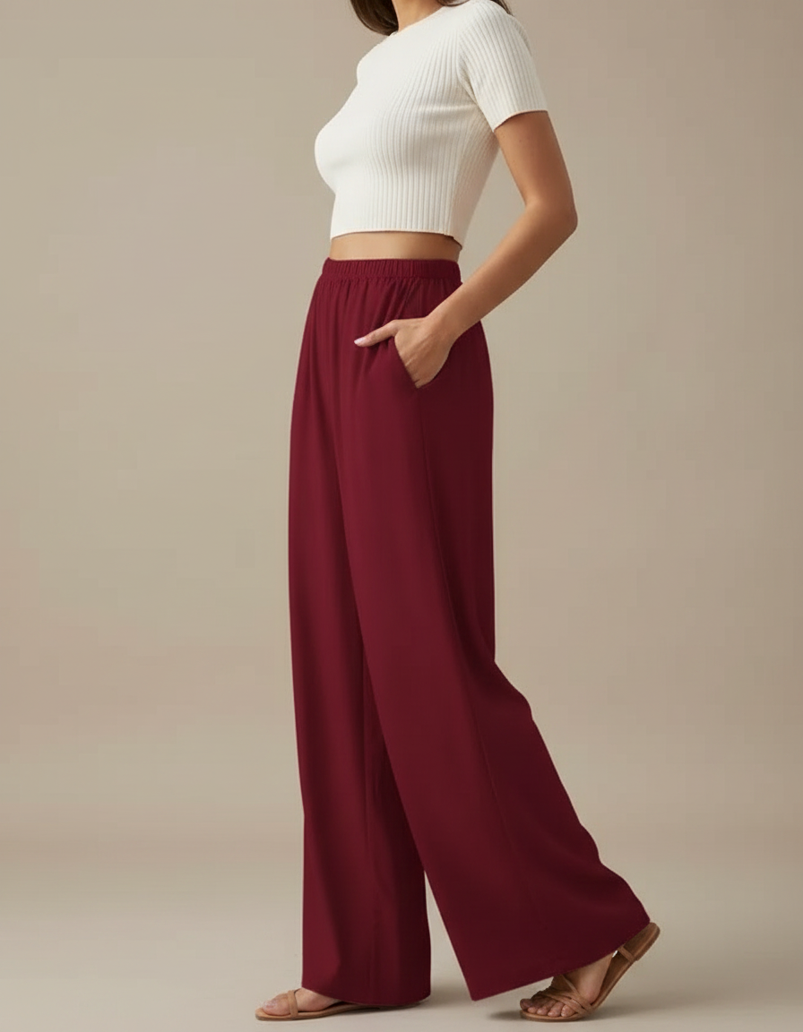 Pantalon Japonais Rouge Ample Fluide Décontracté Femme - Bordeaux Viscose