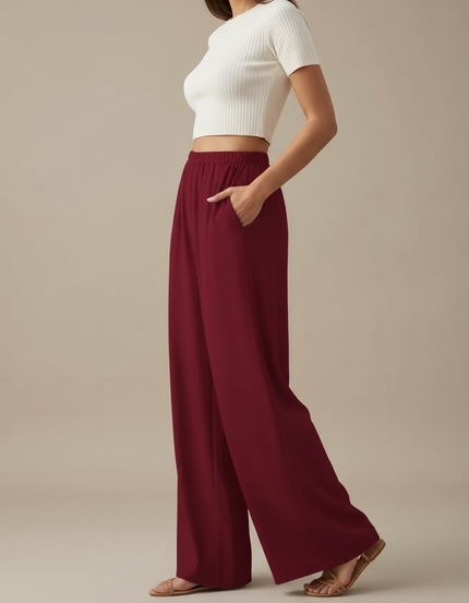 Pantalon Japonais Rouge Ample Fluide Décontracté Femme - Bordeaux Viscose