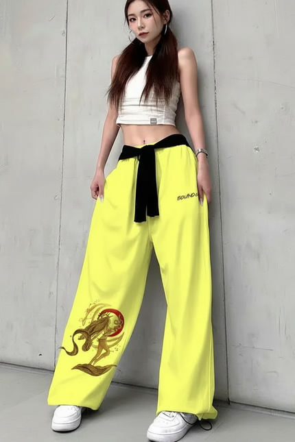 Pantalon Japonais Jaune Fluorescent Ample Imprimé Streetwear Femme - Polyester