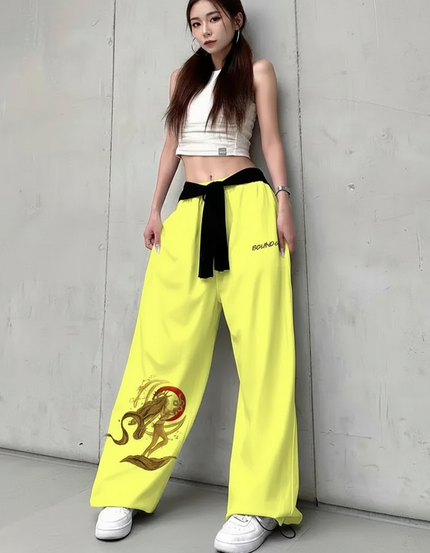 Pantalon Japonais Jaune Fluorescent Ample Imprimé Streetwear Femme - Polyester