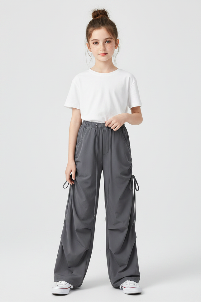 Pantalon Japonais Cargo Gris Ample Décontracté Fille - Polyester