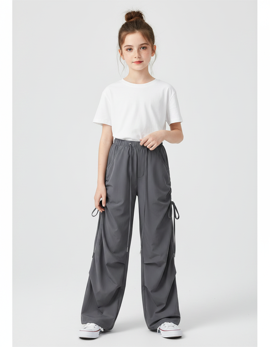 Pantalon Japonais Cargo Gris Ample Décontracté Fille - Polyester