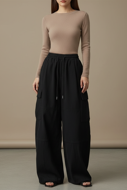 Pantalon Japonais Cargo Noir Ample Décontracté Femme - Gabardine