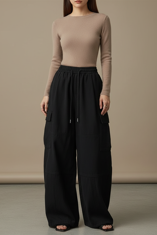 Pantalon Japonais Cargo Noir Ample Décontracté Femme - Gabardine