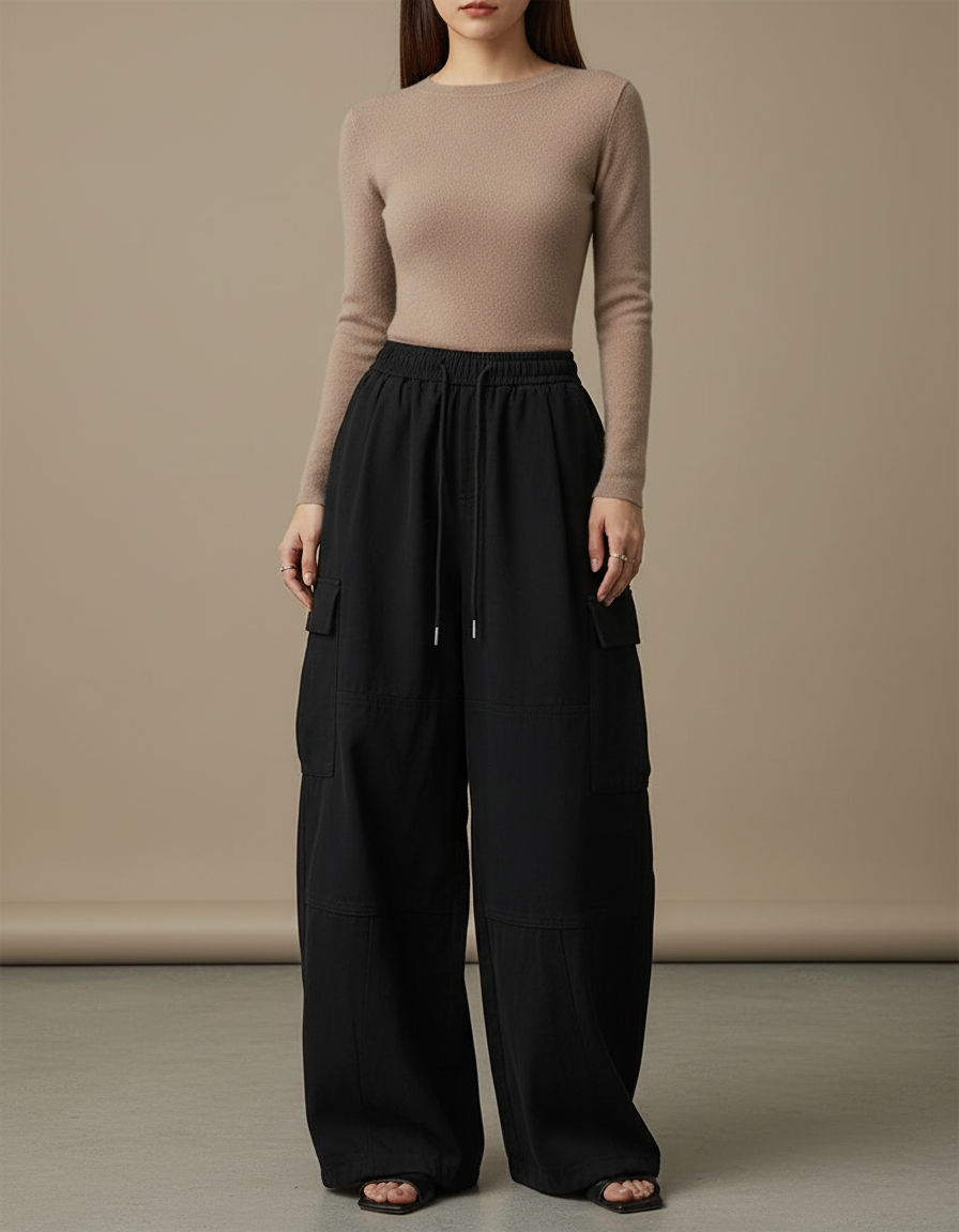 Pantalon Japonais Cargo Noir Ample Décontracté Femme - Gabardine