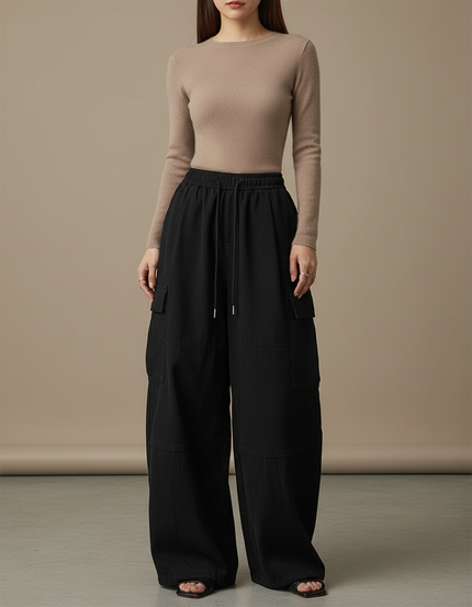 Pantalon Japonais Cargo Noir Ample Décontracté Femme - Gabardine