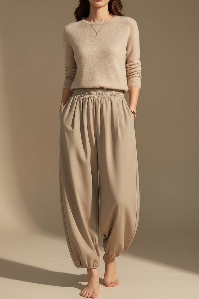 Pantalon Japonais Beige Ample Confortable Taille Haute - Viscose