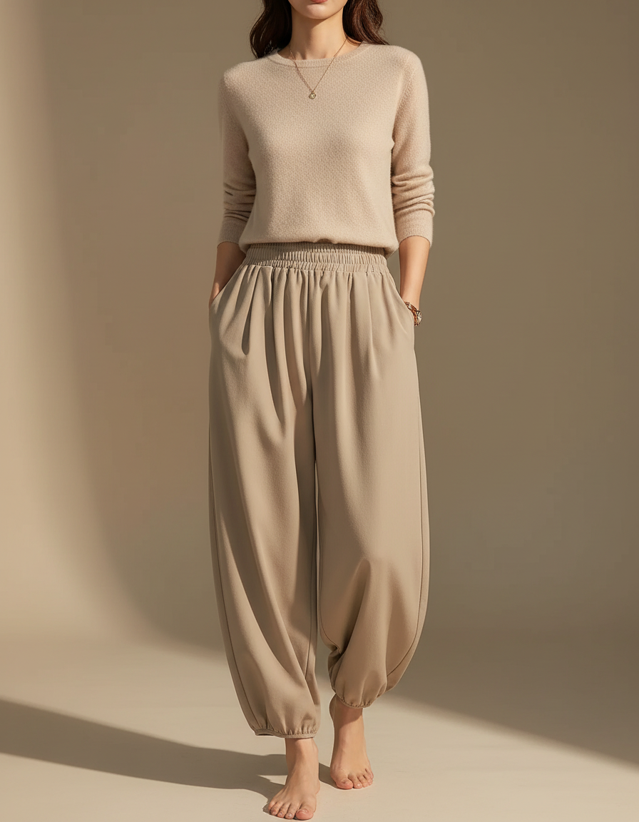 Pantalon Japonais Beige Ample Confortable Taille Haute - Viscose