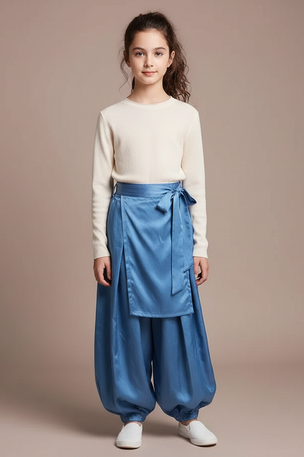 Pantalon Japonais Bleu Satiné Ample Enfant Ceinturé