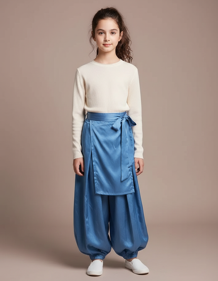 Pantalon Japonais Bleu Satiné Ample Enfant Ceinturé