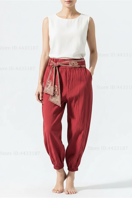 Pantalon Japonais Rouge Ample Coton Lin Brodé