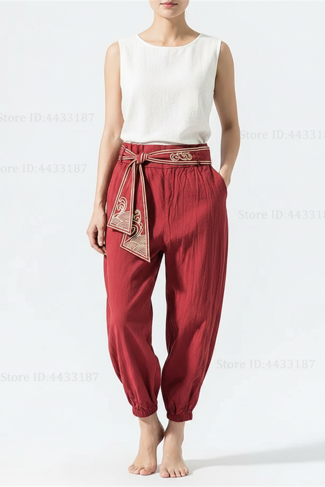Pantalon Japonais Rouge Ample Coton Lin Brodé