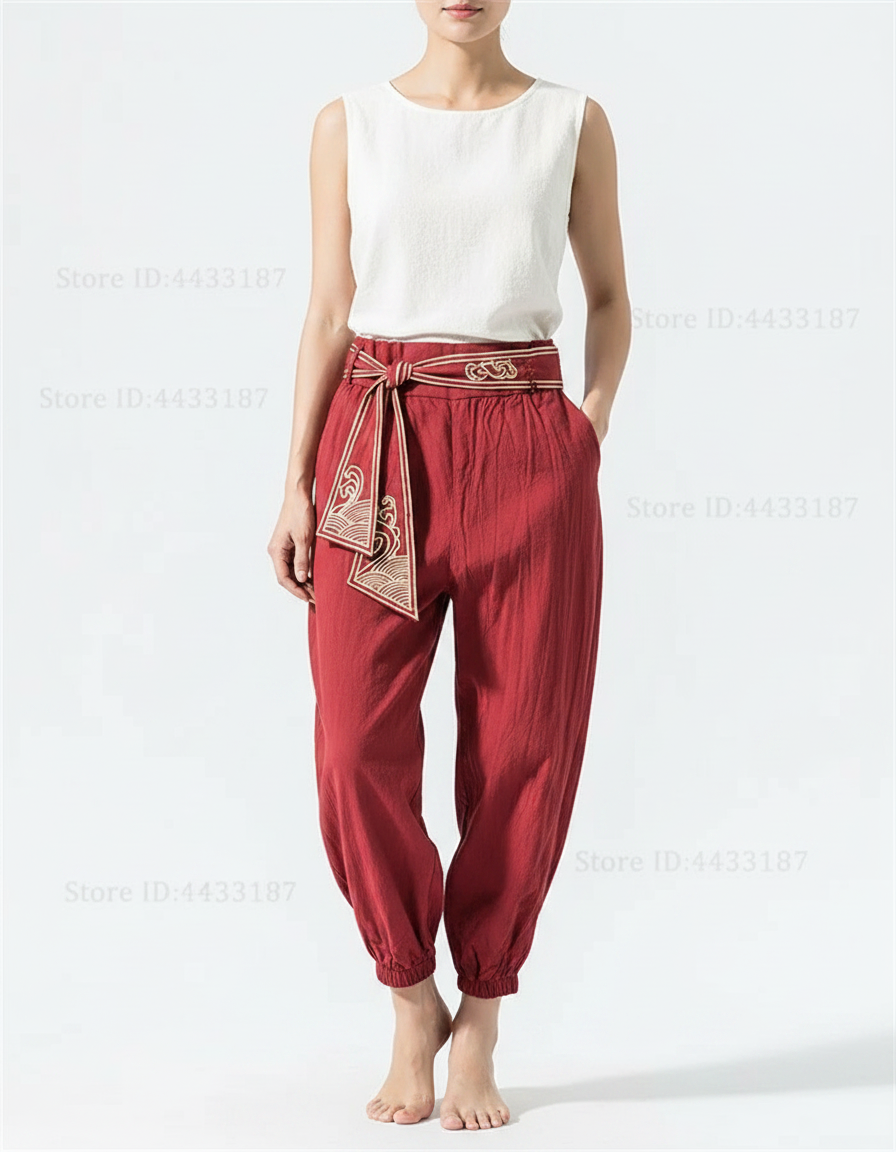 Pantalon Japonais Rouge Ample Coton Lin Brodé