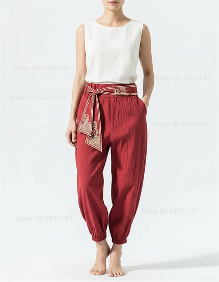 Pantalon Japonais Rouge Ample Coton Lin Brodé