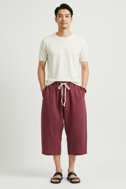 Pantalon Japonais Rouge Ample Coton Lin Court - Bordeaux