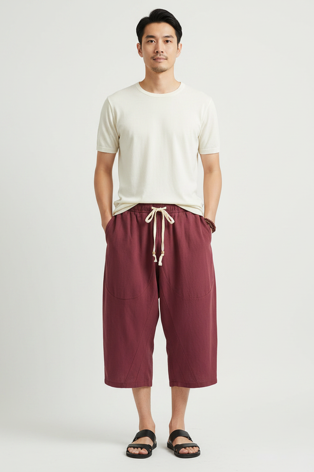 Pantalon Japonais Rouge Ample Coton Lin Court - Bordeaux