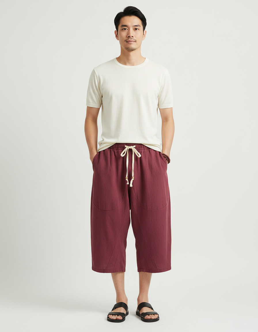 Pantalon Japonais Rouge Ample Coton Lin Court - Bordeaux