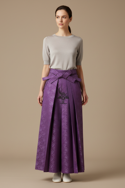 Pantalon Japonais Violet Plissé Fleuri Ceinturé Élégant - Polyester