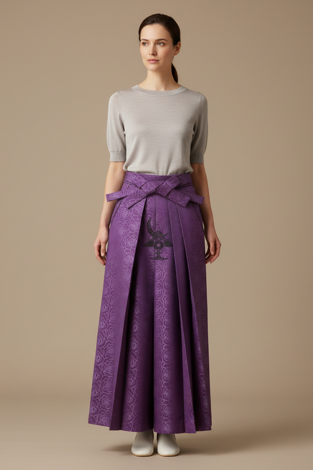 Pantalon Japonais Violet Plissé Fleuri Ceinturé Élégant - Polyester