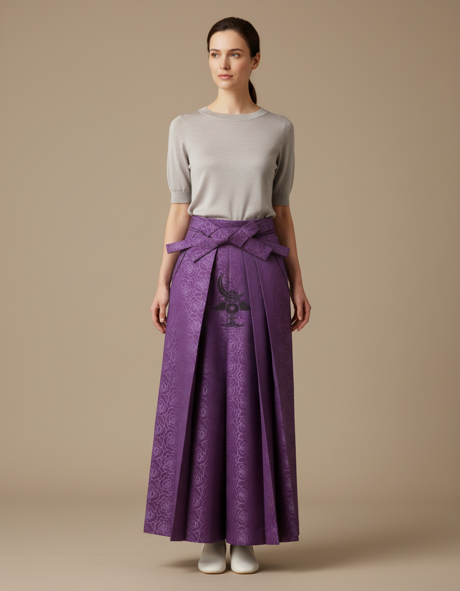 Pantalon Japonais Violet Plissé Fleuri Ceinturé Élégant - Polyester