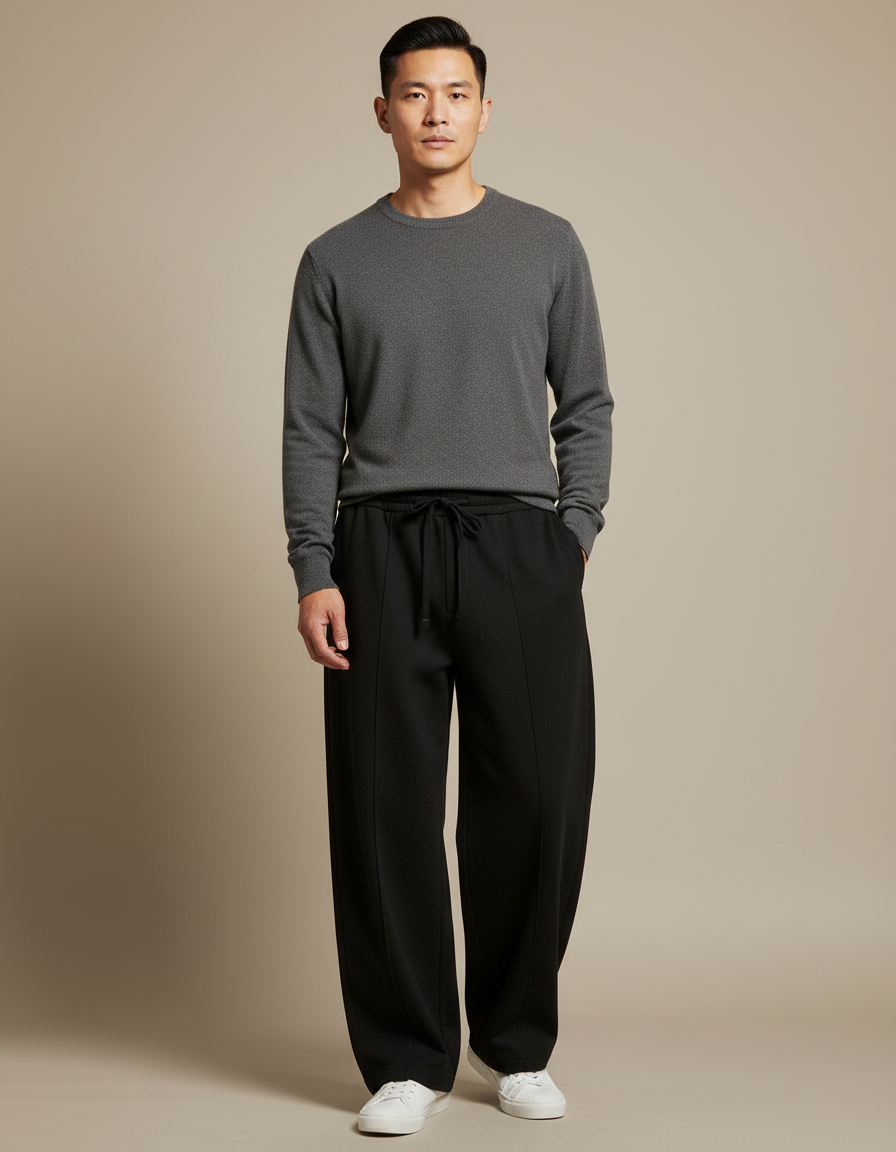Pantalon Japonais Noir Ample Droit Homme Décontracté - Molleton