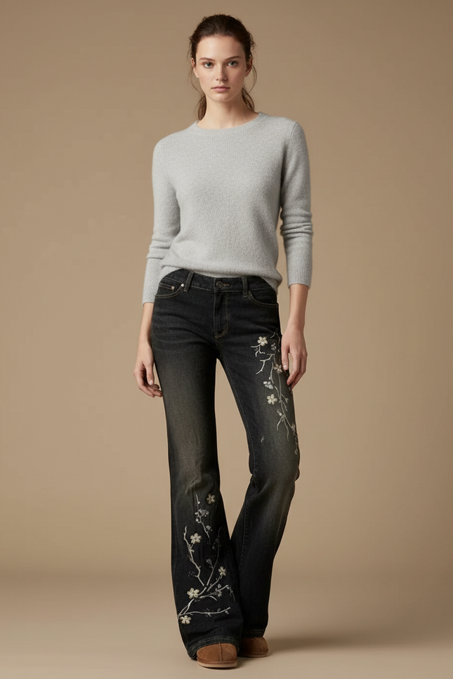 Pantalon Japonais Noir Délavé Brodé Floral Évasé Femme - Jean