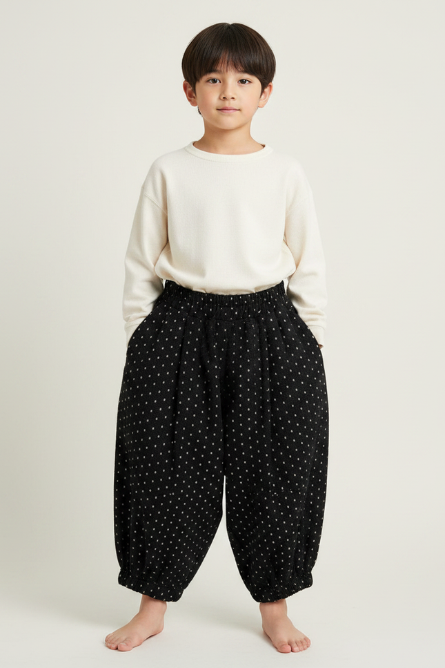 Pantalon Japonais Noir Ample Points Blancs Enfant - Molleton