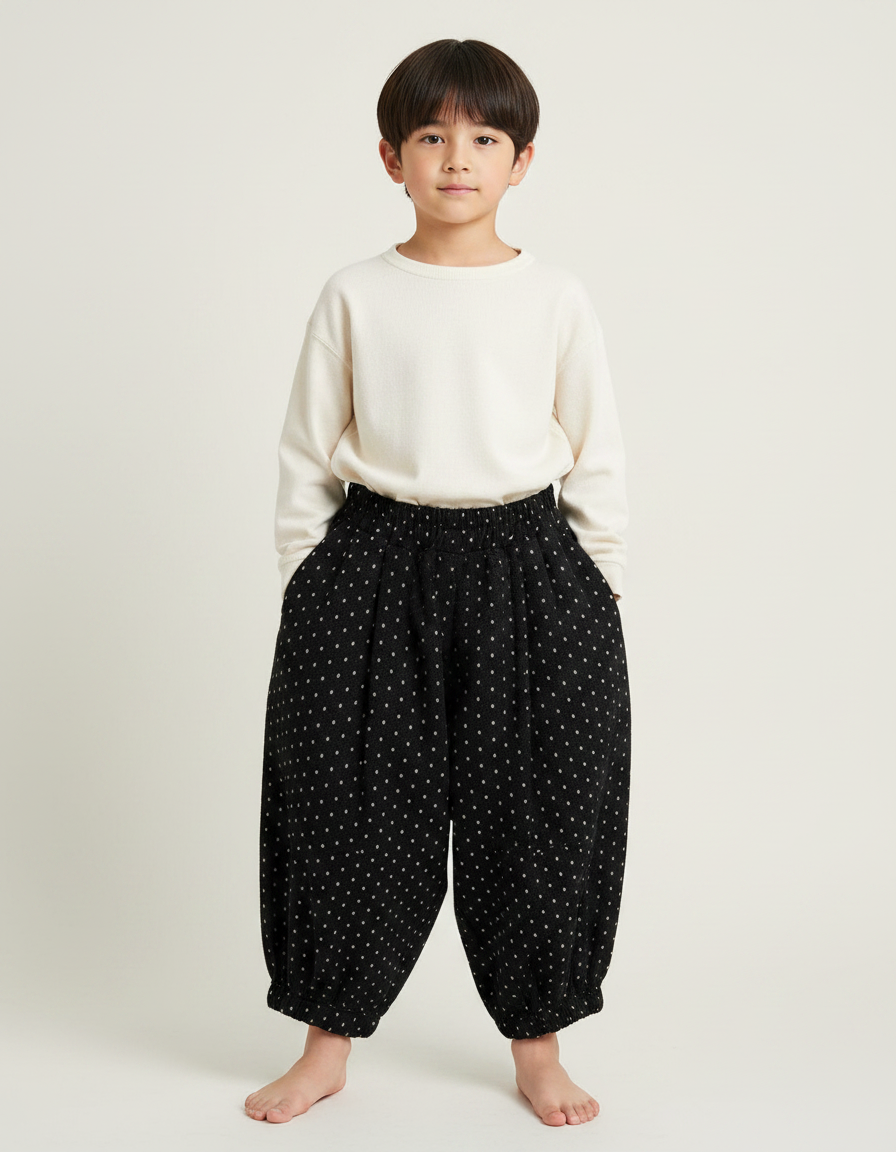 Pantalon Japonais Noir Ample Points Blancs Enfant - Molleton