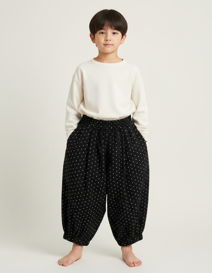 Pantalon Japonais Noir Ample Points Blancs Enfant - Molleton
